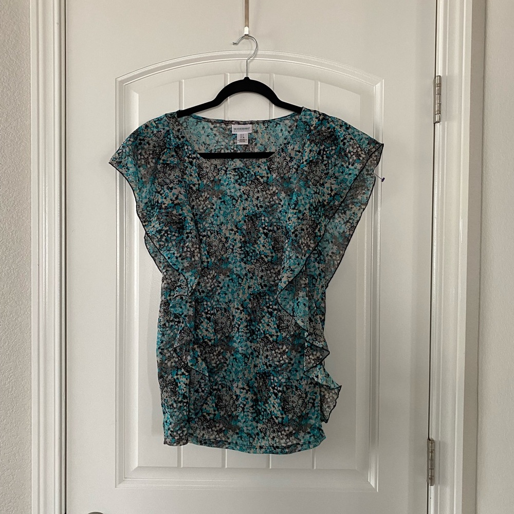 Motherhood Maternity Short Sleeve Scoop Neck Flowy Ruffled Sides Blouse Top